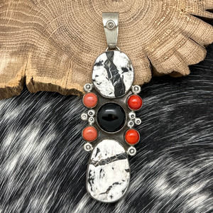 RONALD TOM For NAKAI Native American White Buffalo Onyx Coral Statement Pendant